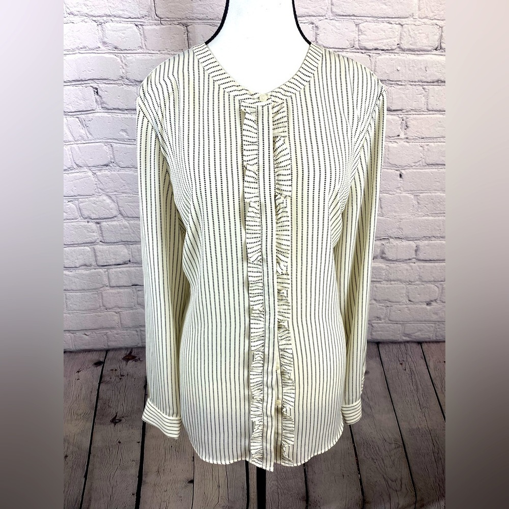 Talbots Striped Ruffle Blouse Button Down size Large